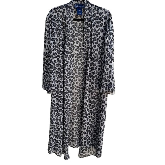 Susan Graver Style Womens Black Kimono Leopard Print Semi Sheer Duster Cardigan - Picture 1 of 8